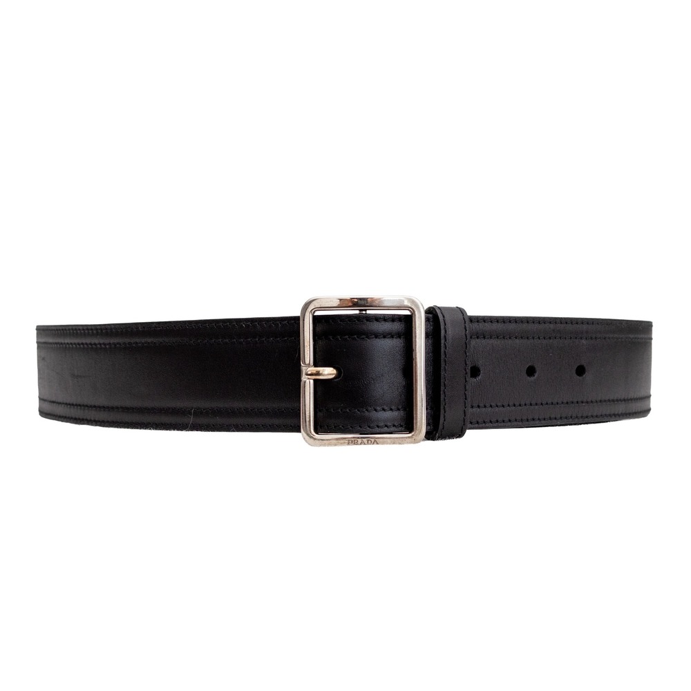 Prada Black Leather Wide Belt Silver Square Buckle Women's Size 85/34 Made Italy